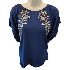 Daletta anthro XS blue embroidered bat wing stretch blue boho career casual top